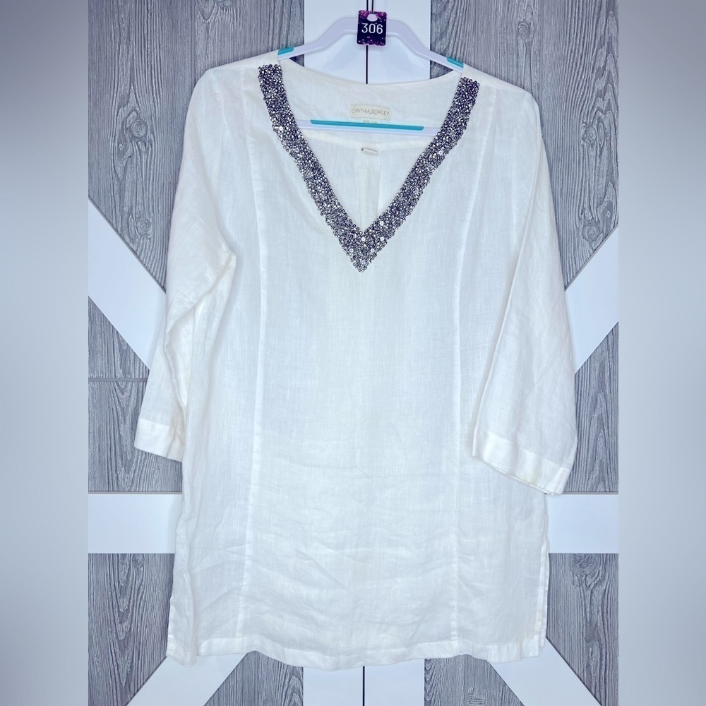 306. Cynthia Rowley Beaded V-Neck Linen Top Cream/Bronze Large